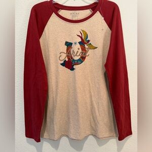 Ariat Real Ropey Rose Tee Beige Burgundy Raglan Sleeve Horseshoe Logo NWOT